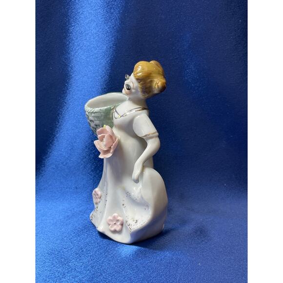 Vintage Enesco Porcelain Lady with Basket and Pink Flower - Picture 2 of 7